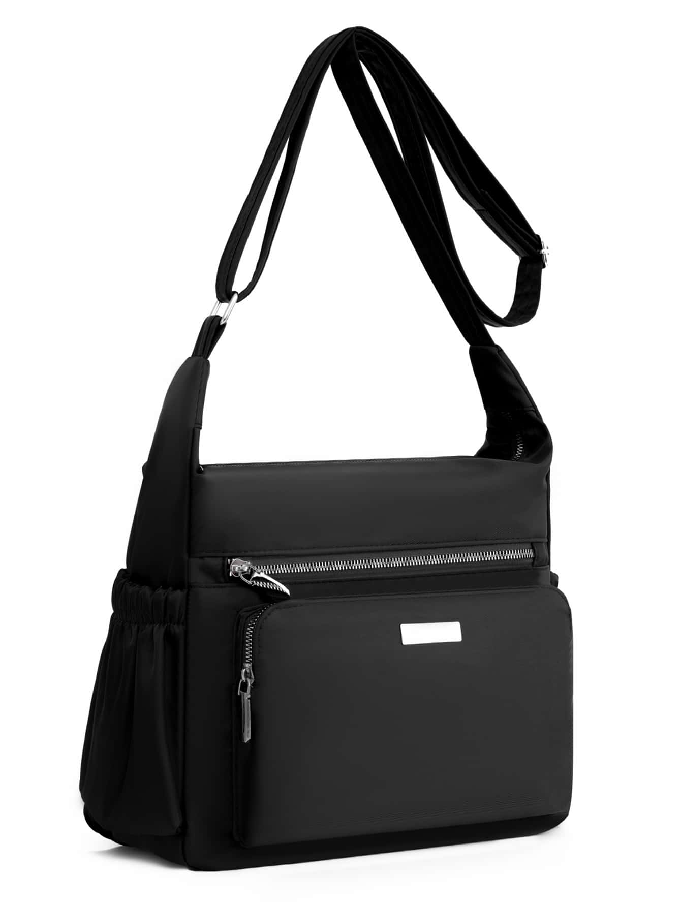 簡約金屬裝飾斜挎包書包適合畢業生、青少年女孩、新生、大二、大三和大四學生、大學和高中，非常適合戶外、旅行和返校 - 黑色 - 查看 1