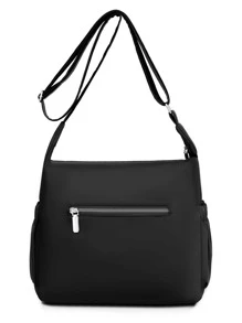 簡約金屬裝飾斜挎包書包適合畢業生、青少年女孩、新生、大二、大三和大四學生、大學和高中，非常適合戶外、旅行和返校 - 黑色 - 查看 2