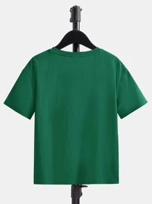 SHEIN Chicos Camiseta con estampado de slogan y dibujos animados - Verde Oscuro - Ver 2