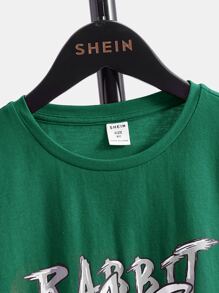 SHEIN Chicos Camiseta con estampado de slogan y dibujos animados - Verde Oscuro - Ver 4