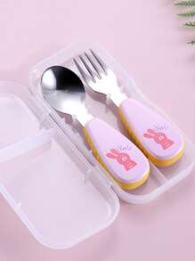 1 Juego de 2 piezas de cuchara y tenedor portátil de dibujos animados, cubiertos para niños de color rosa macarrón - Multicolor - Ver 1