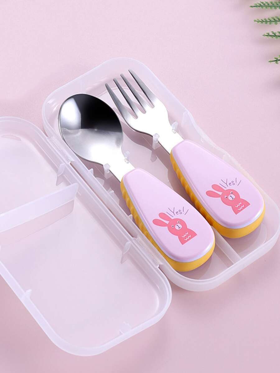 1 Juego de 2 piezas de cuchara y tenedor portátil de dibujos animados, cubiertos para niños de color rosa macarrón - Multicolor - Ver 1