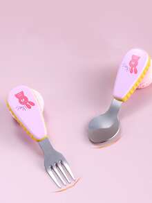 1 Juego de 2 piezas de cuchara y tenedor portátil de dibujos animados, cubiertos para niños de color rosa macarrón - Multicolor - Ver 3