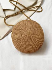 Yogodlns 向日葵装饰圆形女士编织斜挎包可爱藤条手工针织单肩包，夏季，度假、假日的完美选择，草编钱包，草编沙滩包，沙滩必需品，沙滩必需品，沙滩用品和夏季必需品，最适合海滩氛围的女士包，夏季时尚度假包 - 卡其色 - 查看 3