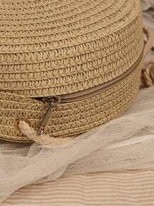 Yogodlns 向日葵装饰圆形女士编织斜挎包可爱藤条手工针织单肩包，夏季，度假、假日的完美选择，草编钱包，草编沙滩包，沙滩必需品，沙滩必需品，沙滩用品和夏季必需品，最适合海滩氛围的女士包，夏季时尚度假包 - 卡其色 - 查看 4