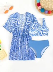 Tween Girl Fluid Pattern Bikini Set With Kimono Summer Beach - Blue and White - View 5
