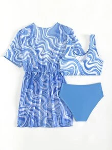 Tween Girl Fluid Pattern Bikini Set With Kimono Summer Beach - Blue and White - View 2