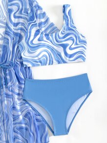 Tween Girl Fluid Pattern Bikini Set With Kimono Summer Beach - Blue and White - View 4
