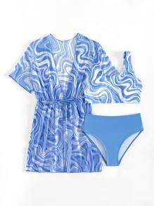 Tween Girl Fluid Pattern Bikini Set With Kimono Summer Beach - Blue and White - View 1