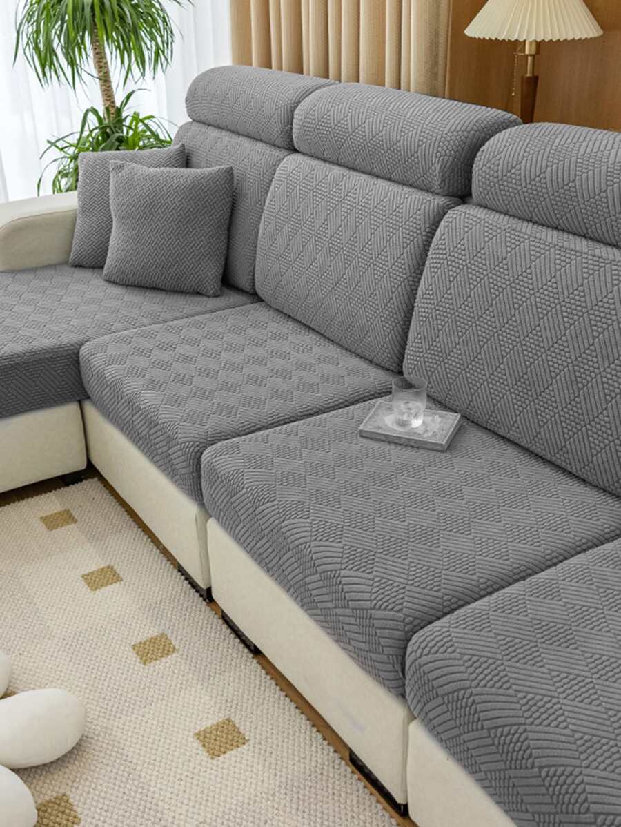 1入組灰色幾何提花沙發座墊套現代主義滌綸彈性沙發墊套沙發 - 深灰色 - 查看 1