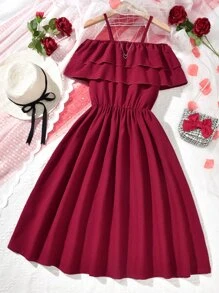 Tween Girl Cold Shoulder Ruffle Trim Dress - Burgundy - View 1