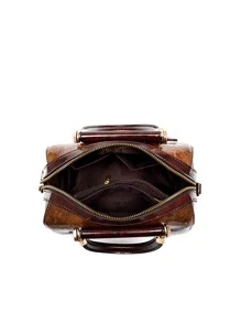 鳄鱼压纹字母胶带装饰波士顿包，母亲节送给妈妈的礼物 - 棕色 - 查看 5