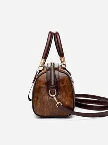 鳄鱼压纹字母胶带装饰波士顿包，母亲节送给妈妈的礼物 - 棕色 - 查看 6