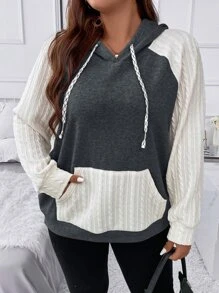 SHEIN LUNE Plus Size Two Tone Raglan Sleeve Drawstring Sweatshirt - Multicolor - View 1