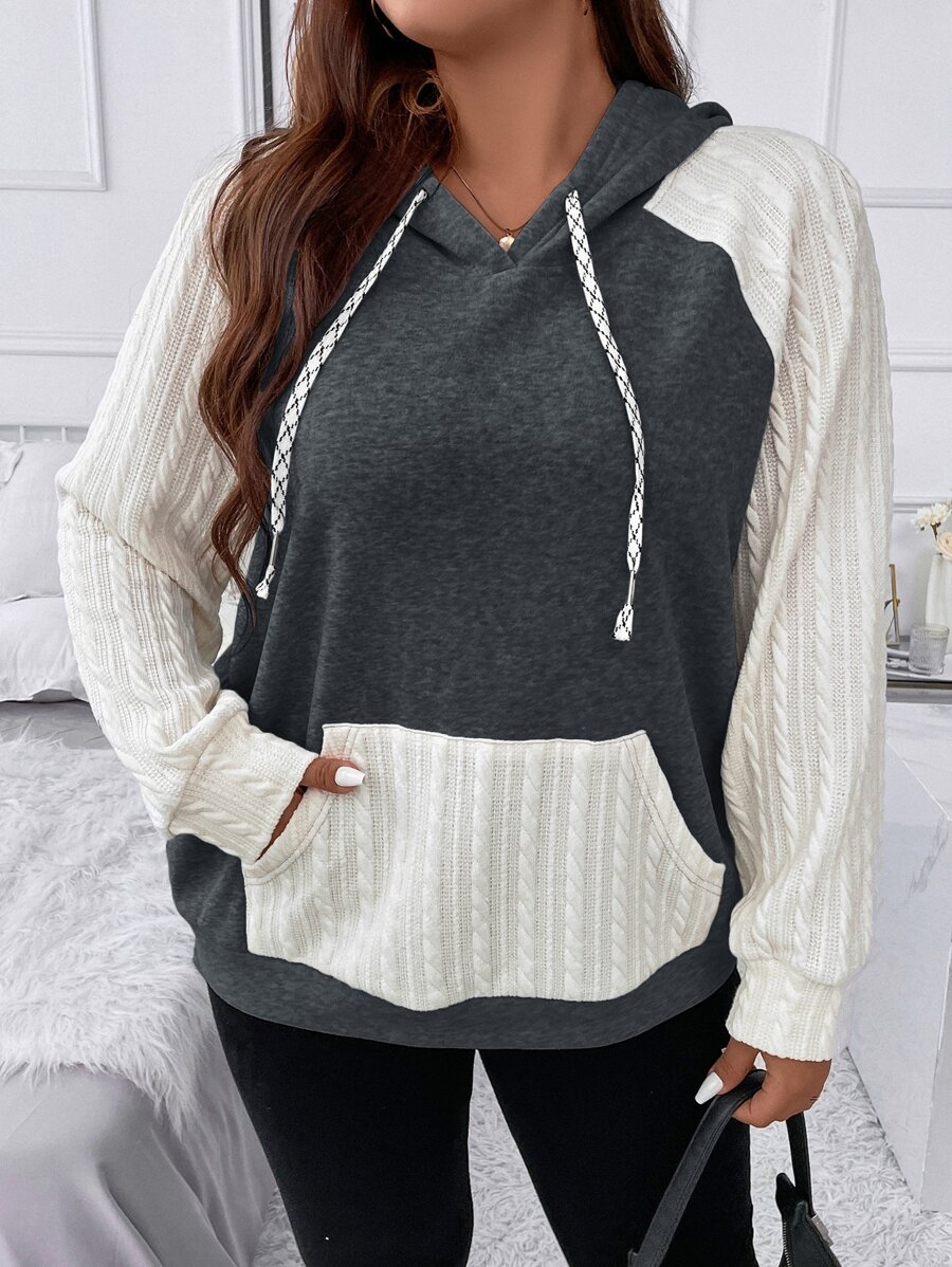 SHEIN LUNE Plus Size Two Tone Raglan Sleeve Drawstring Sweatshirt - Multicolor - View 1