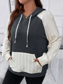 SHEIN LUNE Plus Size Two Tone Raglan Sleeve Drawstring Sweatshirt - Multicolor - View 3