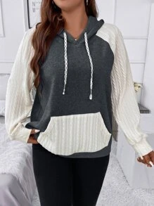SHEIN LUNE Plus Size Two Tone Raglan Sleeve Drawstring Sweatshirt - Multicolor - View 5