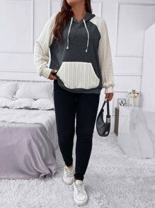 SHEIN LUNE Plus Size Two Tone Raglan Sleeve Drawstring Sweatshirt - Multicolor - View 6
