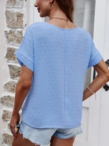 SHEIN LUNE Swiss Dot Contrast Lace Batwing Sleeve Blouse - Blue - View 2