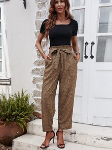SHEIN LUNE Solid Tee & Dalmatian Print Paperbag Waist Belted Pants - Multicolor - View 3