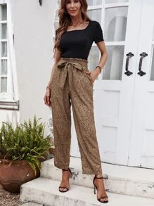 SHEIN LUNE Solid Tee & Dalmatian Print Paperbag Waist Belted Pants - Multicolor - View 4