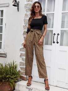 SHEIN LUNE Solid Tee & Dalmatian Print Paperbag Waist Belted Pants - Multicolor - View 5