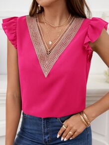 SHEIN Clasi Áo sơ mi nữ Tương phản ren Xù Khối Màu Giải trí - Màu Hồng Tươi - Xem 1