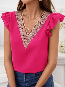 SHEIN Clasi Áo sơ mi nữ Tương phản ren Xù Khối Màu Giải trí - Màu Hồng Tươi - Xem 2