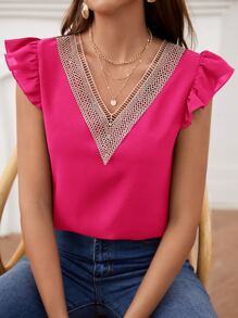 SHEIN Clasi Áo sơ mi nữ Tương phản ren Xù Khối Màu Giải trí - Màu Hồng Tươi - Xem 3