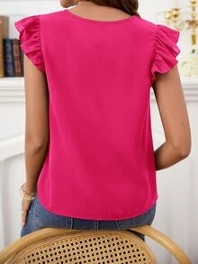 SHEIN Clasi Áo sơ mi nữ Tương phản ren Xù Khối Màu Giải trí - Màu Hồng Tươi - Xem 5