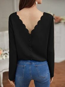 SHEIN Frenchy Scallop Trim Button Back Blouse - Black - View 1