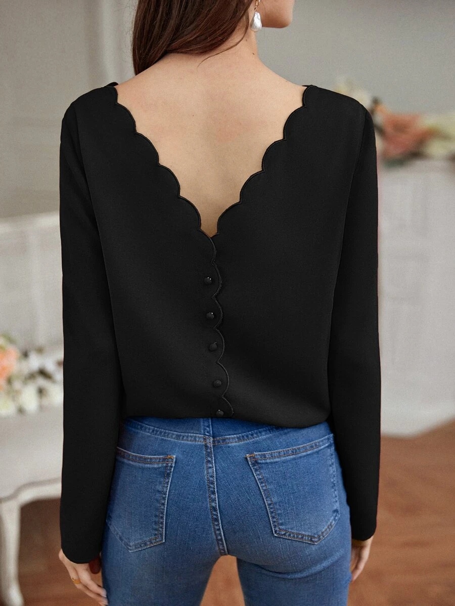 SHEIN Frenchy Scallop Trim Button Back Blouse - Black - View 1