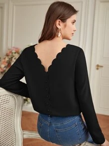 SHEIN Frenchy Scallop Trim Button Back Blouse - Black - View 2