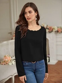 SHEIN Frenchy Scallop Trim Button Back Blouse - Black - View 5