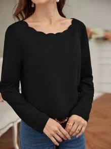 SHEIN Frenchy Scallop Trim Button Back Blouse - Black - View 6