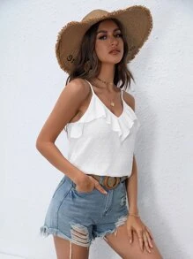 SHEIN Frenchy 圓點荷葉邊吊帶上衣 - 白色 - 查看 4