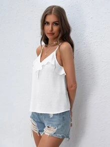 SHEIN Frenchy 圓點荷葉邊吊帶上衣 - 白色 - 查看 5