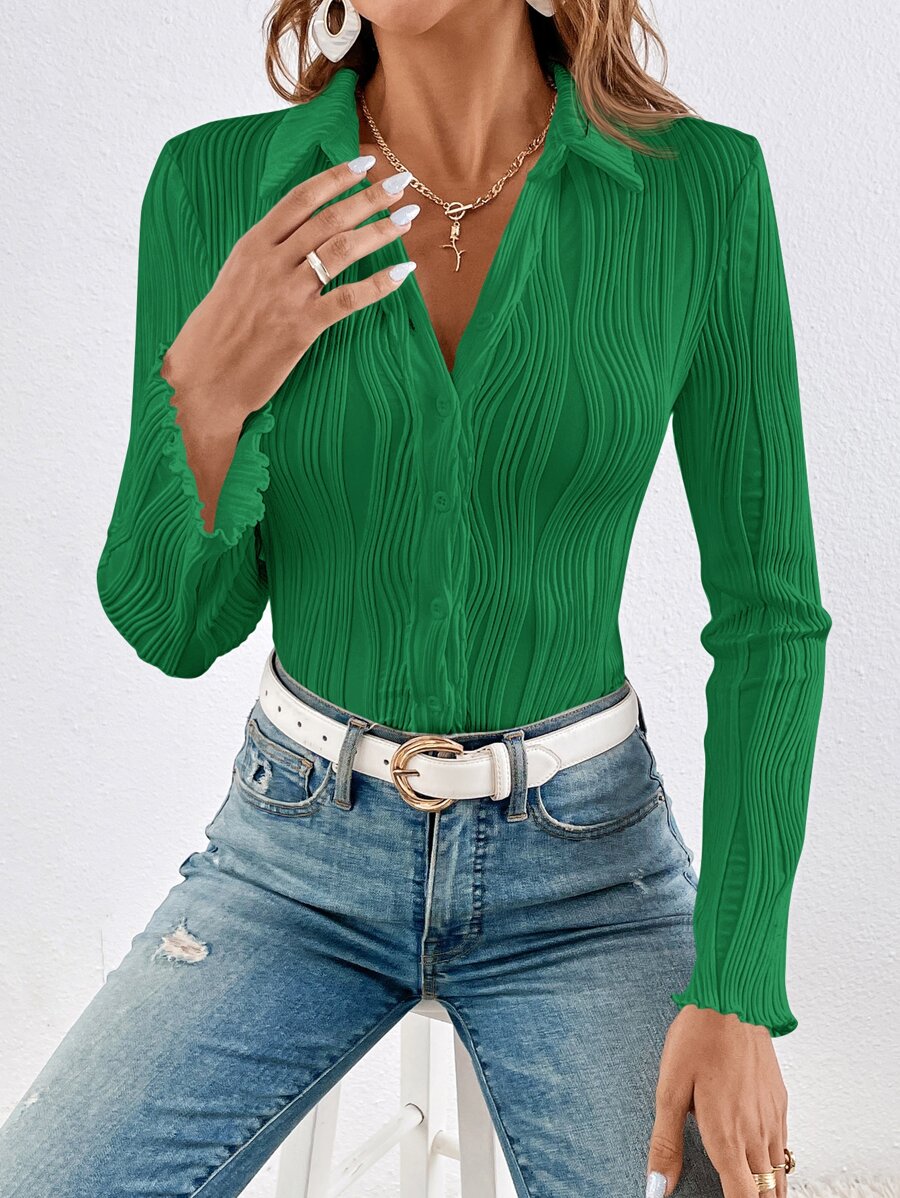 SHEIN Frenchy Solid Button Front Lettuce Trim Tee