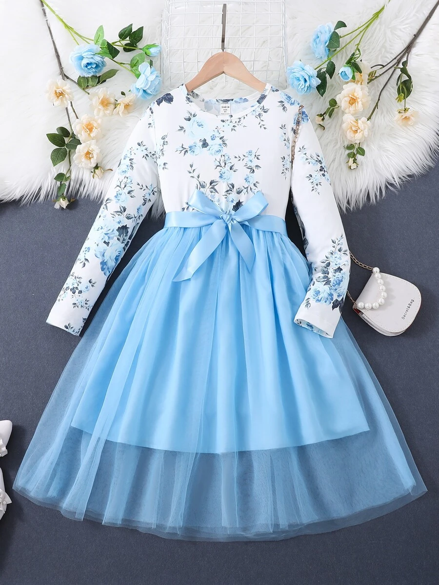 SHEIN 女孩印花網紗邊連衣裙 - 藍白色 - 查看 1