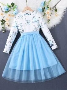 SHEIN 女孩印花網紗邊連衣裙 - 藍白色 - 查看 2