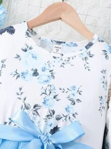 SHEIN 女孩印花網紗邊連衣裙 - 藍白色 - 查看 6