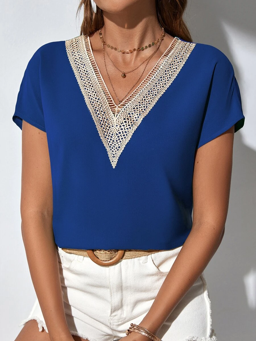 SHEIN Clasi Áo sơ mi nữ Tương phản ren Khối Màu Giải trí - Màu xanh lam - Xem 1