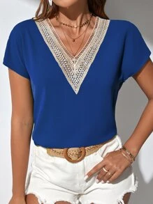 SHEIN Clasi Áo sơ mi nữ Tương phản ren Khối Màu Giải trí - Màu xanh lam - Xem 4