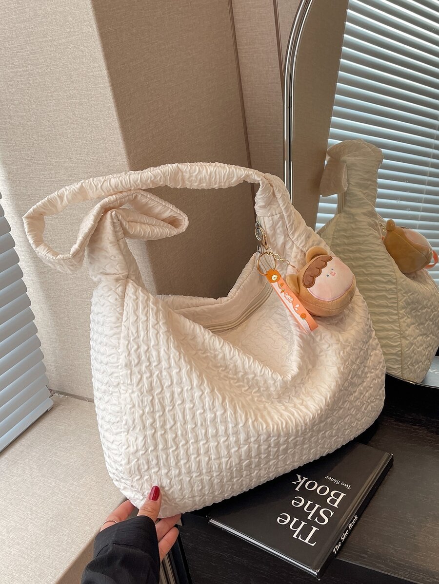 Minimalist Hobo Bag With Bag Charm - Beige - View 1