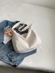 Minimalist Hobo Bag With Bag Charm - Beige - View 2