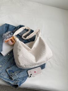 Minimalist Hobo Bag With Bag Charm - Beige - View 4
