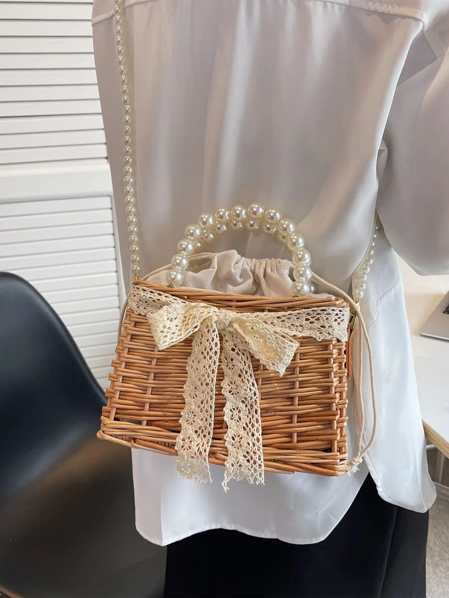 Handmade Woven Pearl Bowknot Design Small Square Handbag - Khaki - View 1