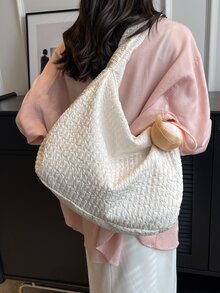 Minimalist Hobo Bag With Bag Charm - Beige - View 5