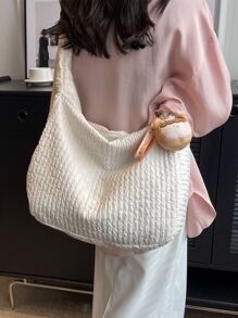 Minimalist Hobo Bag With Bag Charm - Beige - View 6
