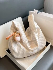 Minimalist Hobo Bag With Bag Charm - Beige - View 7